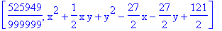 [525949/999999, x^2+1/2*x*y+y^2-27/2*x-27/2*y+121/2]
